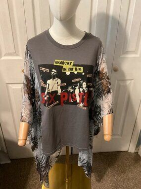 Sex Pistols Upcycled Graphic T-Shirt with Flowy Floral Print Sleeves - OSFM